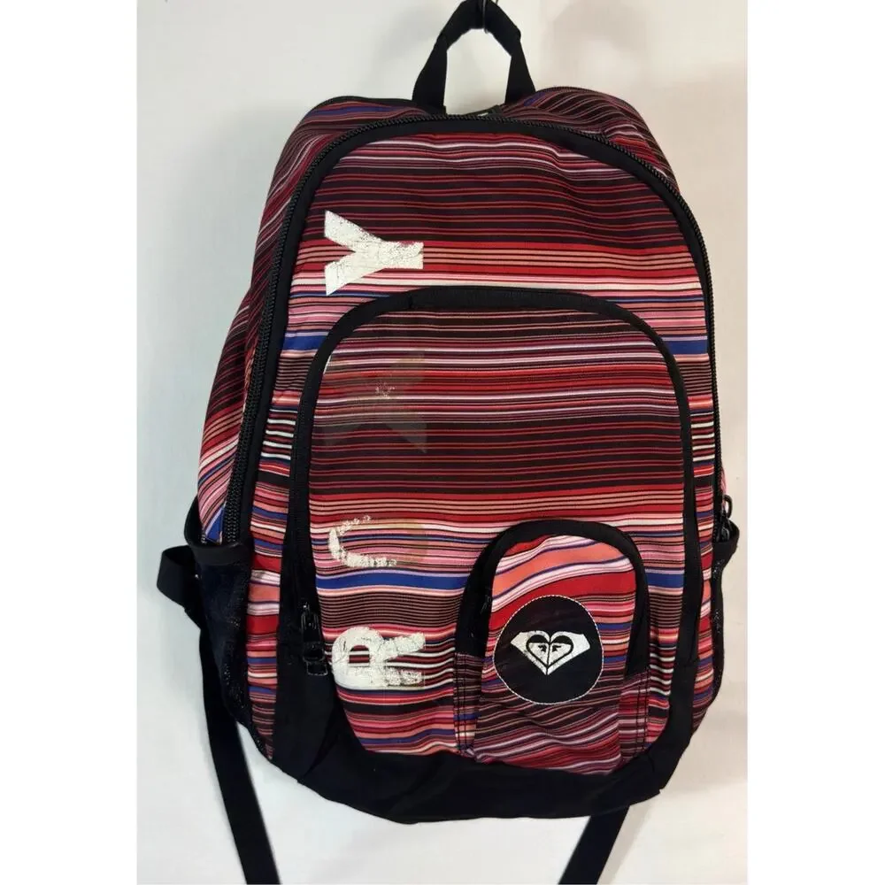 Y2K Roxy Womens Red Black Striped Backpack Multicolor School Travel Laptop Bag